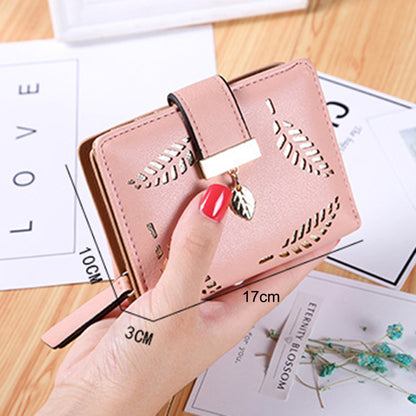 PU Leather Wallet for Women Hollow Leaves Short Clutch Bag Card Holder Zipper Coin Purse