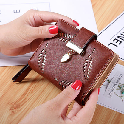 PU Leather Wallet for Women Hollow Leaves Short Clutch Bag Card Holder Zipper Coin Purse