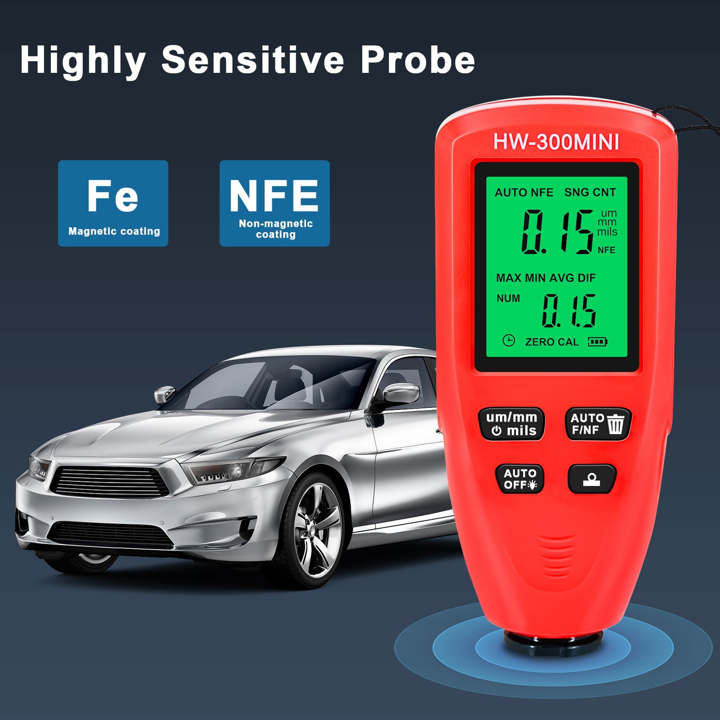 HW300-MINI Coating Thickness Gauge for FE / NFE Coating Thickness Meter Digital Display Measure Device