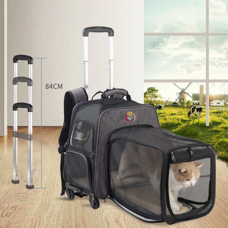 LDLC QS-052 Foldable Trolley Rod Design Pet Bag Breathable Dog Cat Backpack Scalable Outdoor Travel Pet Carrier