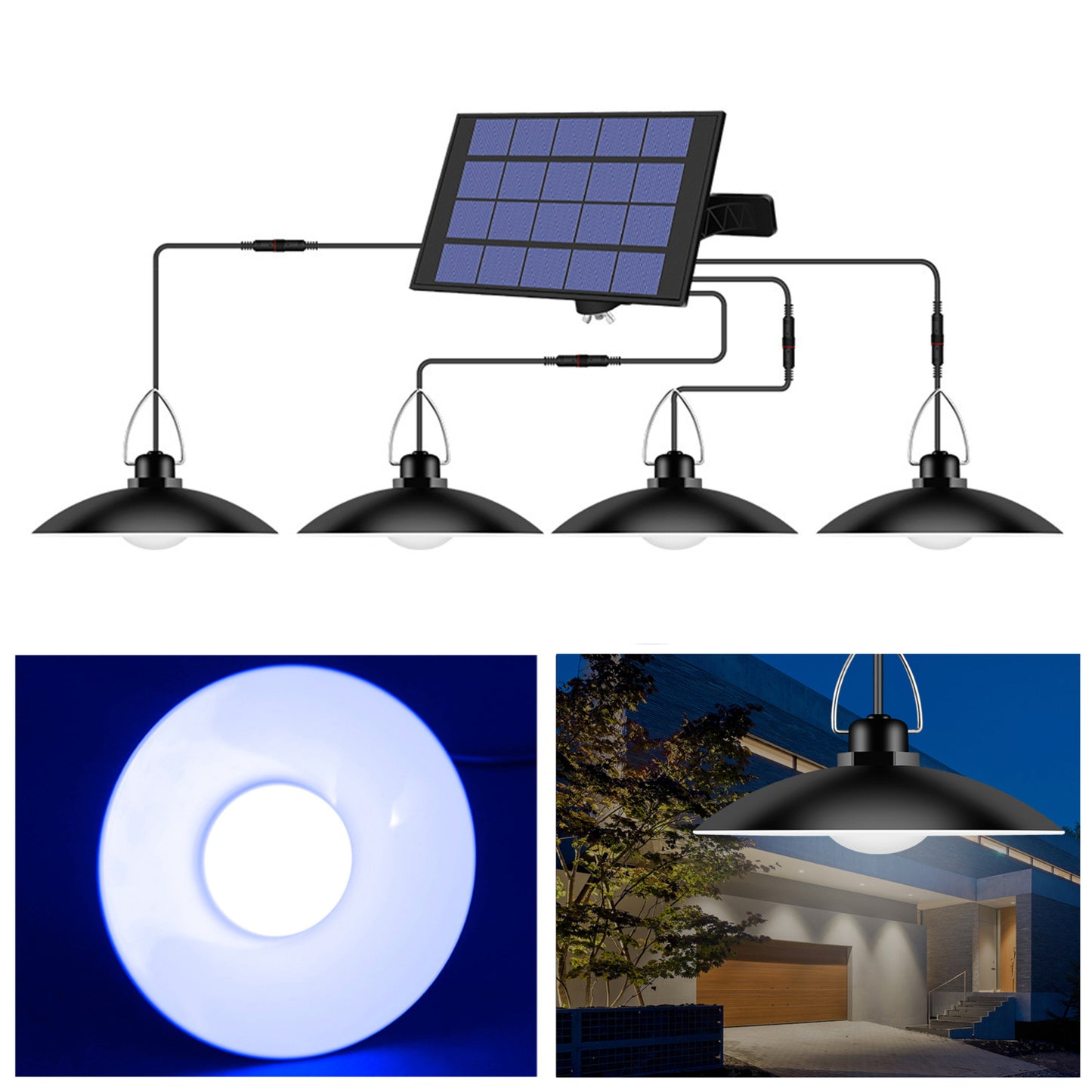 Outdoor Waterproof Solar Powered Ceiling Porch Hanging 4-Head Light Bulb with Extension Cord