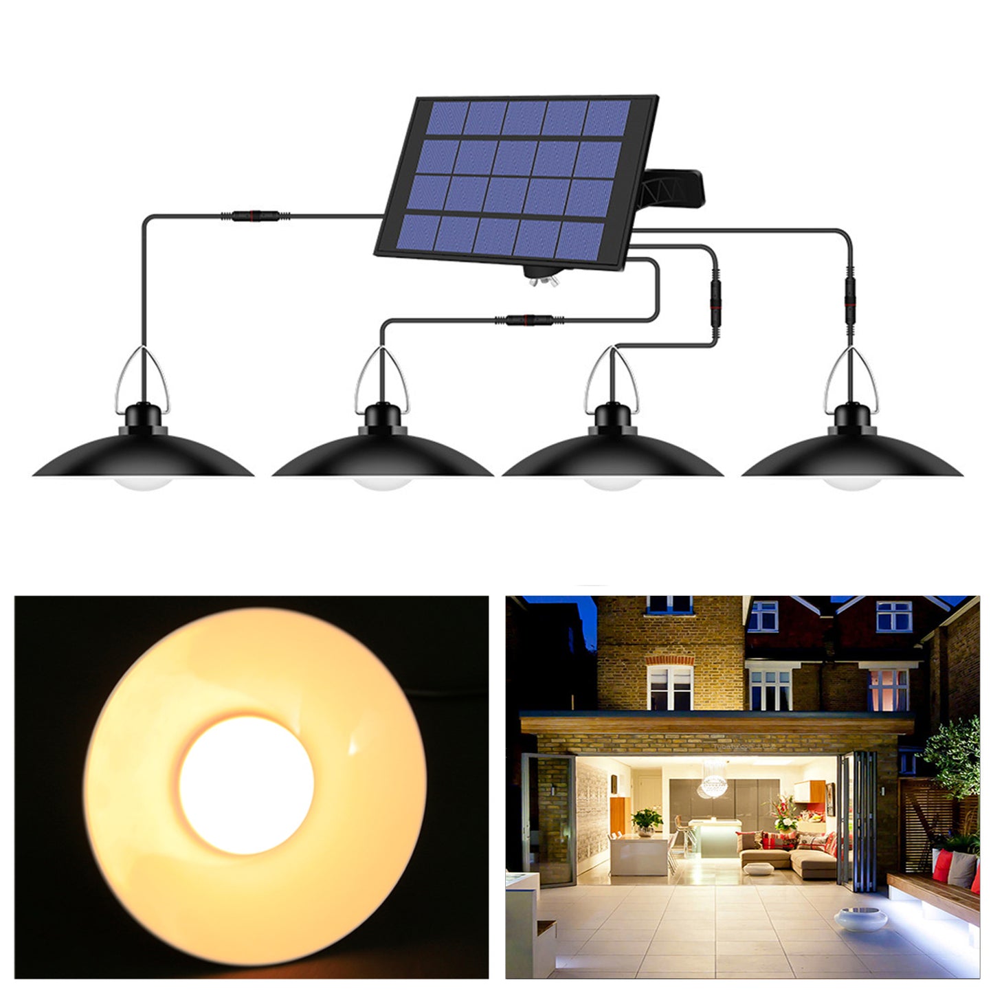 Outdoor Waterproof Solar Powered Ceiling Porch Hanging 4-Head Light Bulb with Extension Cord