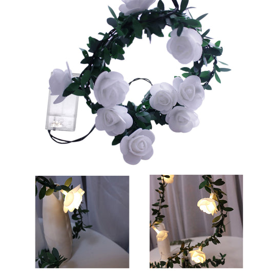 3m 20 LED Christmas Party Artificial Green Leaf Rattan Rose Flower Vine Battery Operated Light String DIY Decor