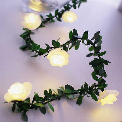 3m 20 LED Christmas Party Artificial Green Leaf Rattan Rose Flower Vine Battery Operated Light String DIY Decor