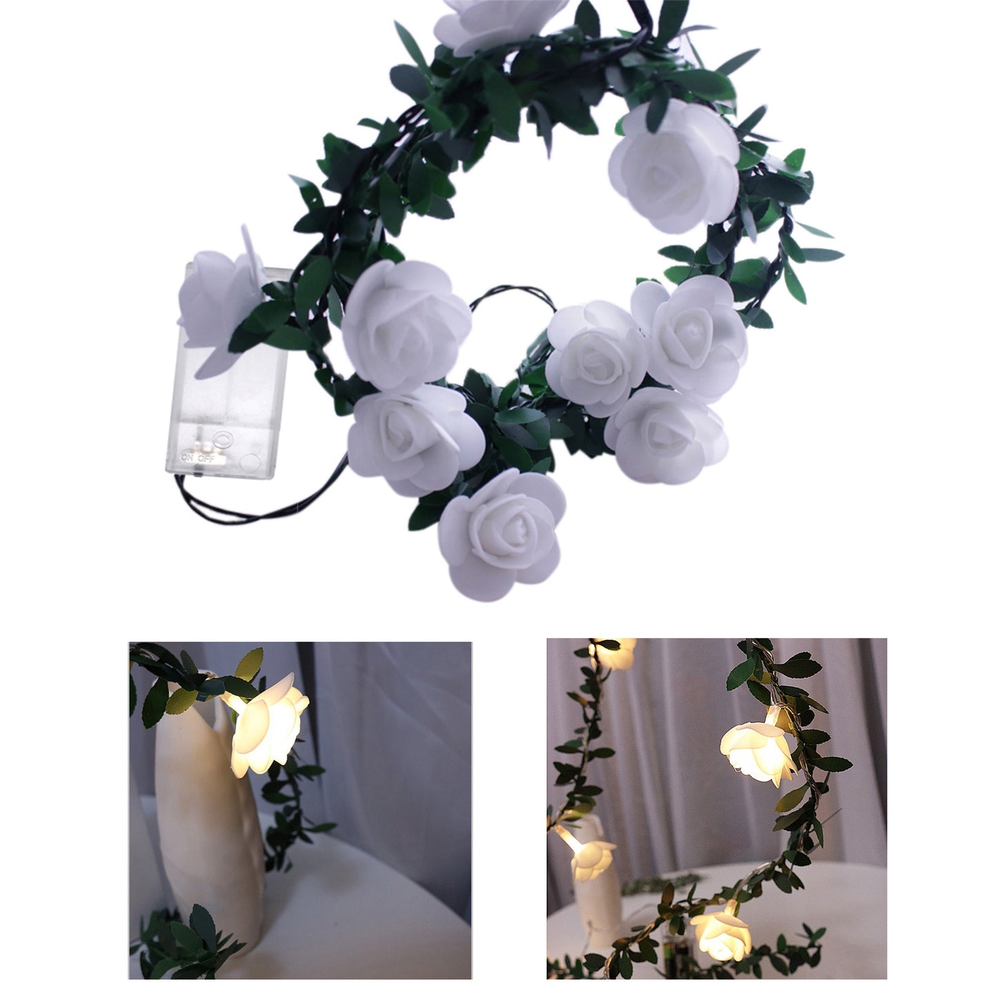 6m 40 LED Christmas Party Artificial Green Leaf Rattan Rose Flower Vine Light String Battery Operated DIY Lighting Decor