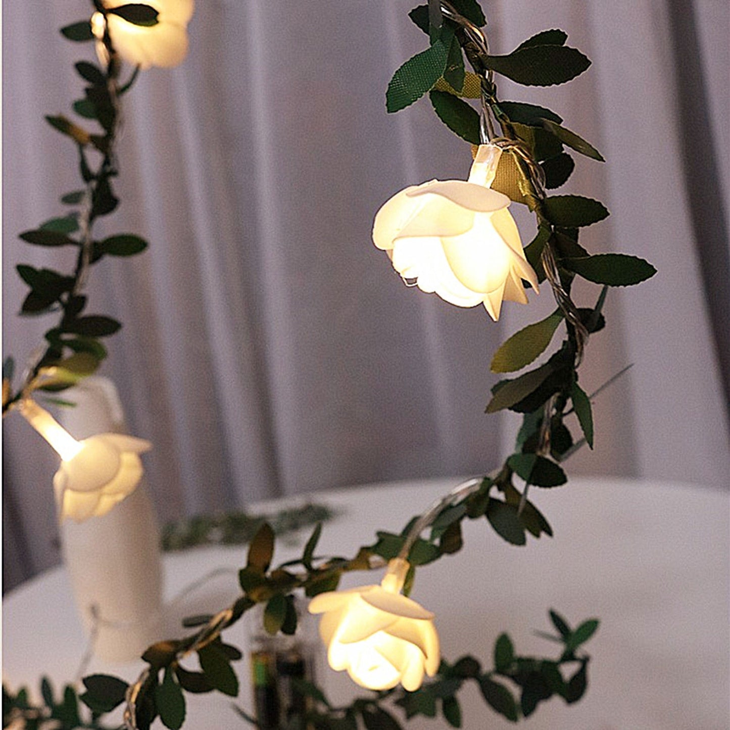 6m 40 LED Christmas Party Artificial Green Leaf Rattan Rose Flower Vine Light String Battery Operated DIY Lighting Decor