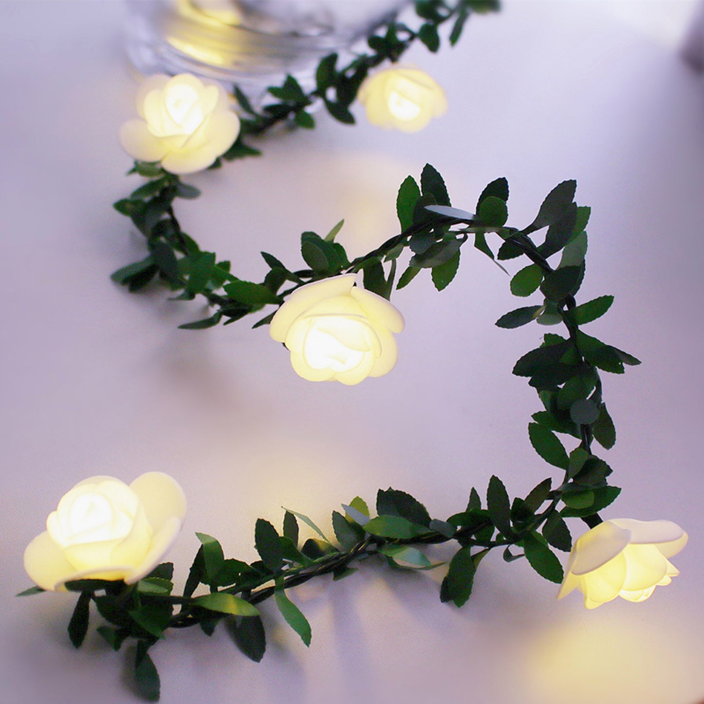 1.5m 10 LED Artificial Green Leaf Rattan Rose Flower Vine Battery Operated Light String DIY Christmas Party Decor