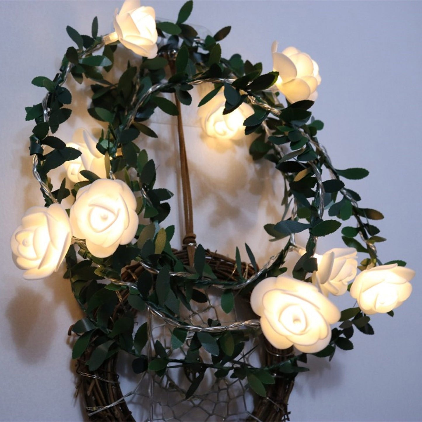 1.5m 10 LED Artificial Green Leaf Rattan Rose Flower Vine Battery Operated Light String DIY Christmas Party Decor