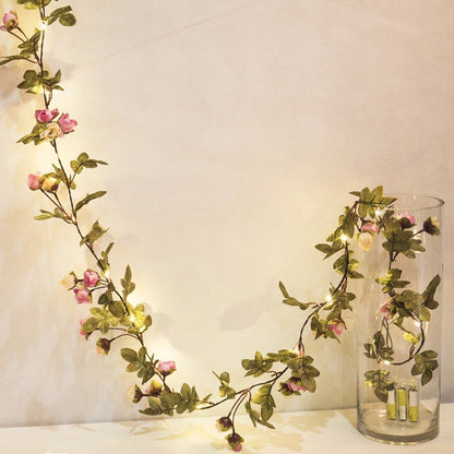 2.2m Artificial Rose Flowers Leaves Vine String Light Battery Powered Hanging Copper Wire Garland for Christmas Wedding, White / Pink