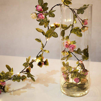 2.2m Artificial Rose Flowers Leaves Vine String Light Battery Powered Hanging Copper Wire Garland for Christmas Wedding, White / Pink