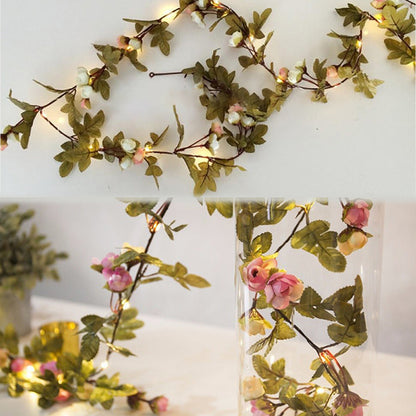 2.2m Artificial Rose Flowers Leaves Vine String Light Battery Powered Hanging Copper Wire Garland for Christmas Wedding, White / Pink