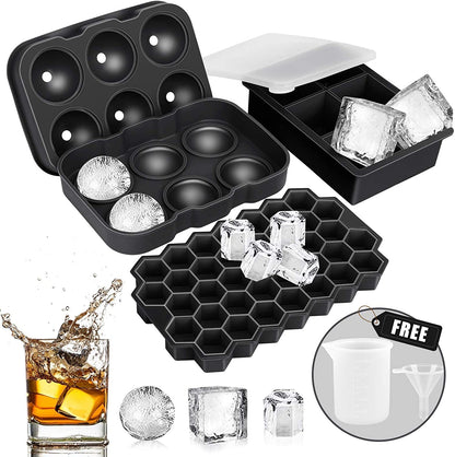 3Pcs/Set BPA Free Reusable Silicone Large Round Sphere + Square + Honeycomb Ice Trays with Lid and Funnel (without FDA Certificate)