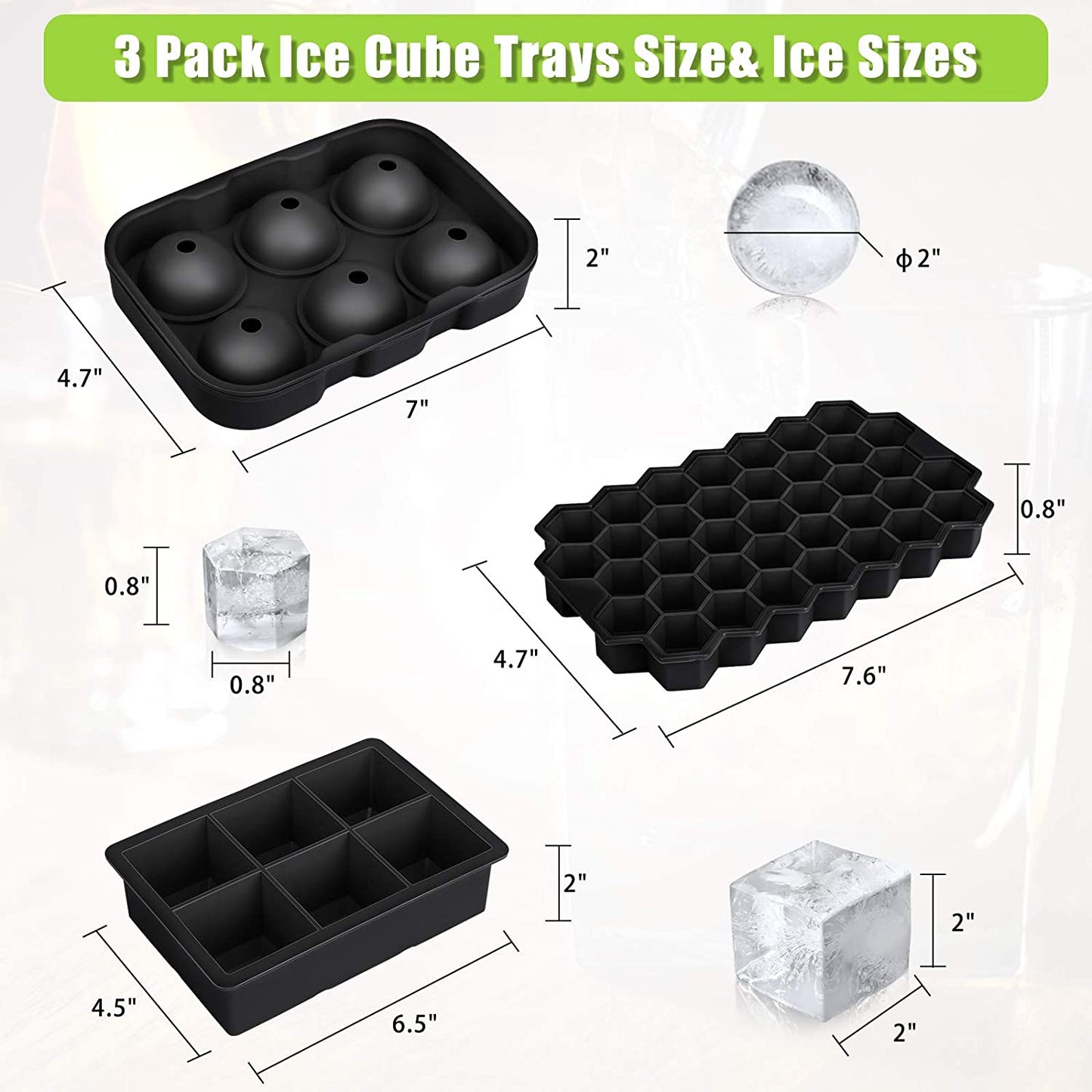 3Pcs/Set BPA Free Reusable Silicone Large Round Sphere + Square + Honeycomb Ice Trays with Lid and Funnel (without FDA Certificate)