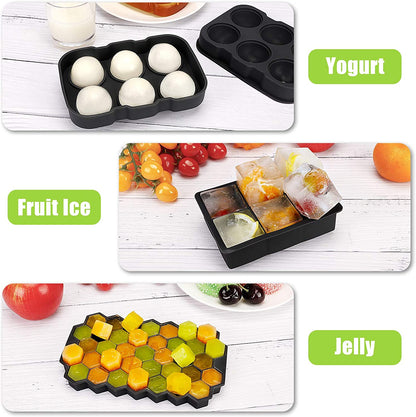 3Pcs/Set BPA Free Reusable Silicone Large Round Sphere + Square + Honeycomb Ice Trays with Lid and Funnel (without FDA Certificate)