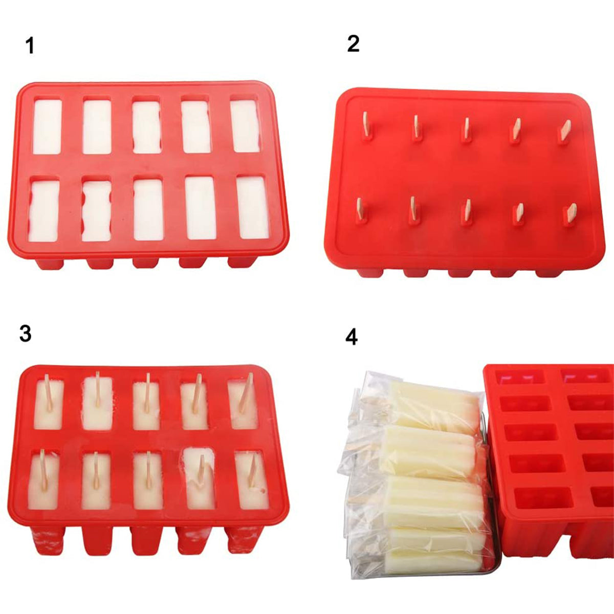 10-Grid Silicone Ice Lolly Mold Tray BPA Free DIY Mould with 50 Wooden Sticks (without FDA Certificate)