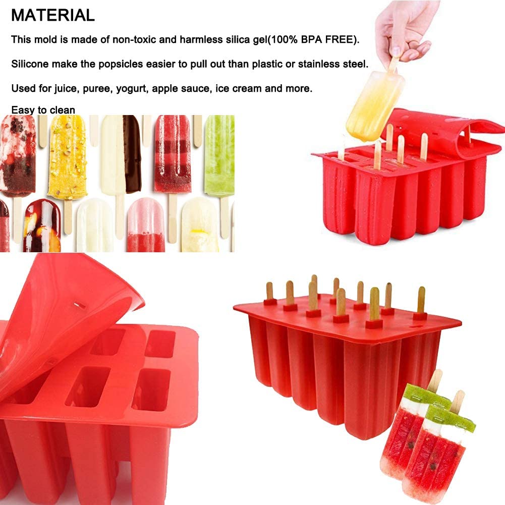 10-Grid Silicone Ice Lolly Mold Tray BPA Free DIY Mould with 50 Wooden Sticks (without FDA Certificate)