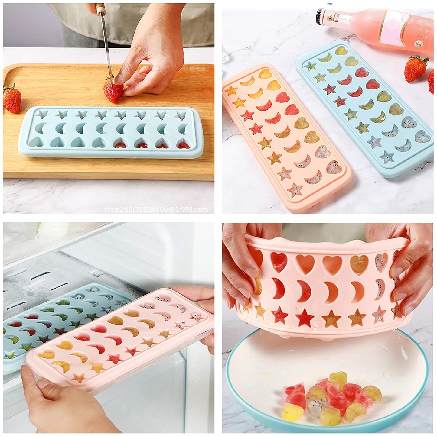 24-Grid Heart Moon Star Shaped BPA Free Silicone Ice Cube Tray Candy Mold with Removable Lid (without FDA Certificate)