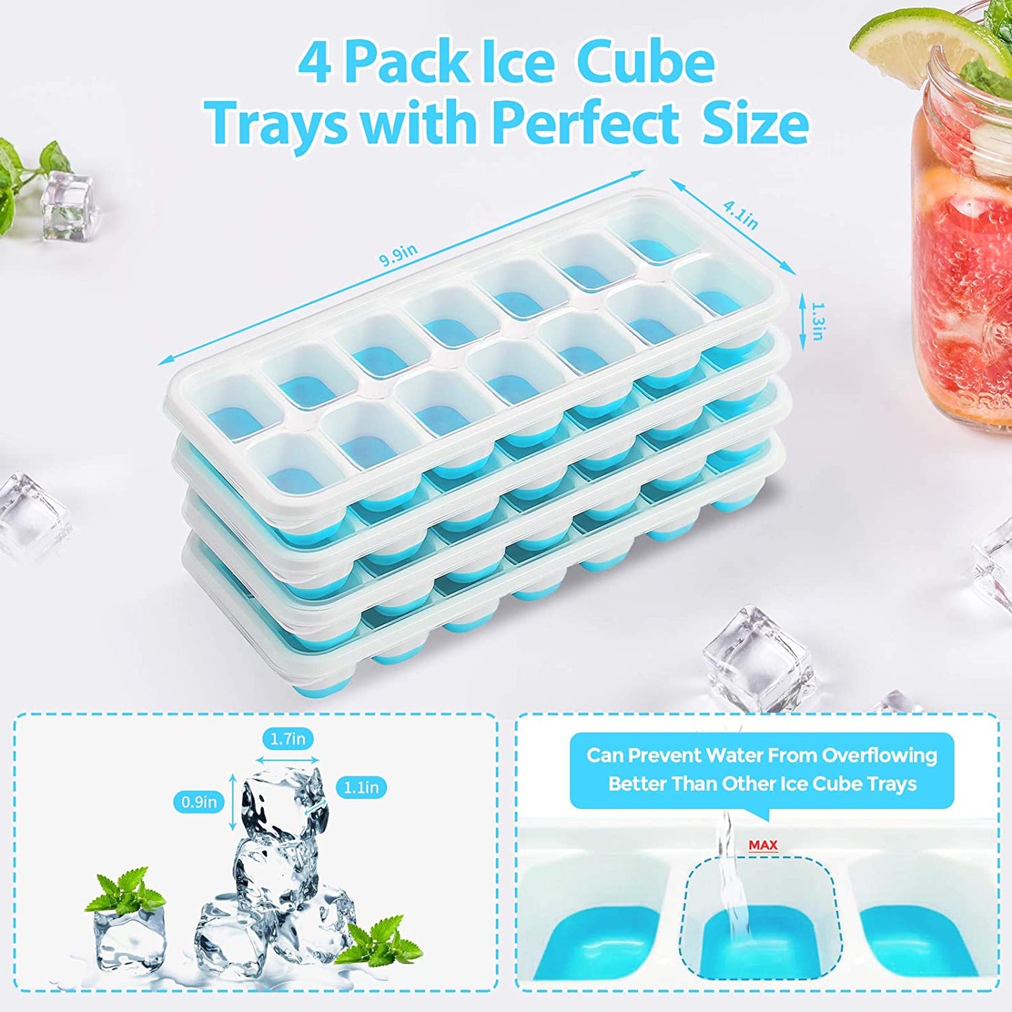 4Pcs 14-Grid Ice Cube Tray Easy-Release Bottom Silicone + Plastic Mold with Spill-Resistant Removable Lid for Cocktail Beer (LFGB Certified and BPA Free)