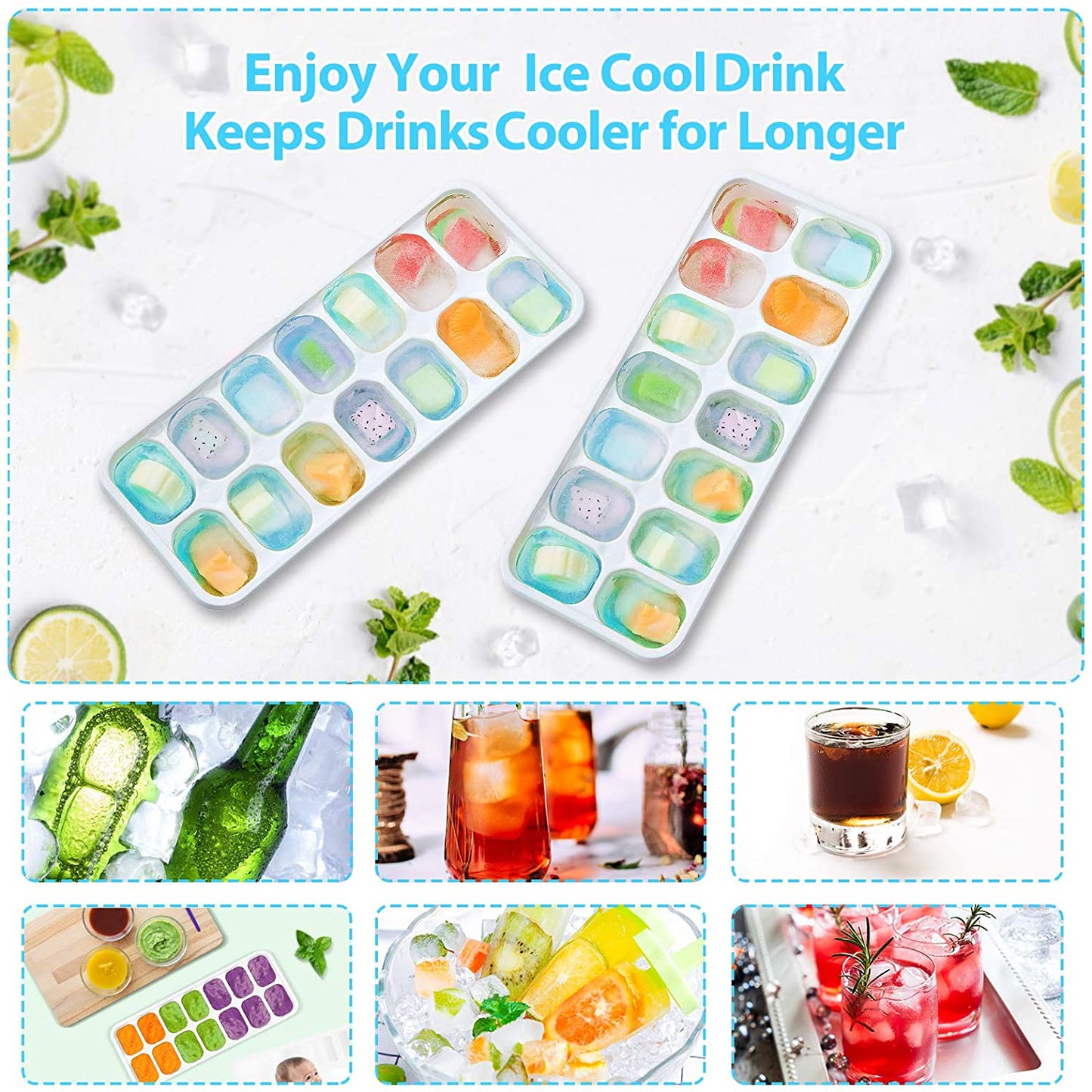 4Pcs 14-Grid Ice Cube Tray Easy-Release Bottom Silicone + Plastic Mold with Spill-Resistant Removable Lid for Cocktail Beer (LFGB Certified and BPA Free)