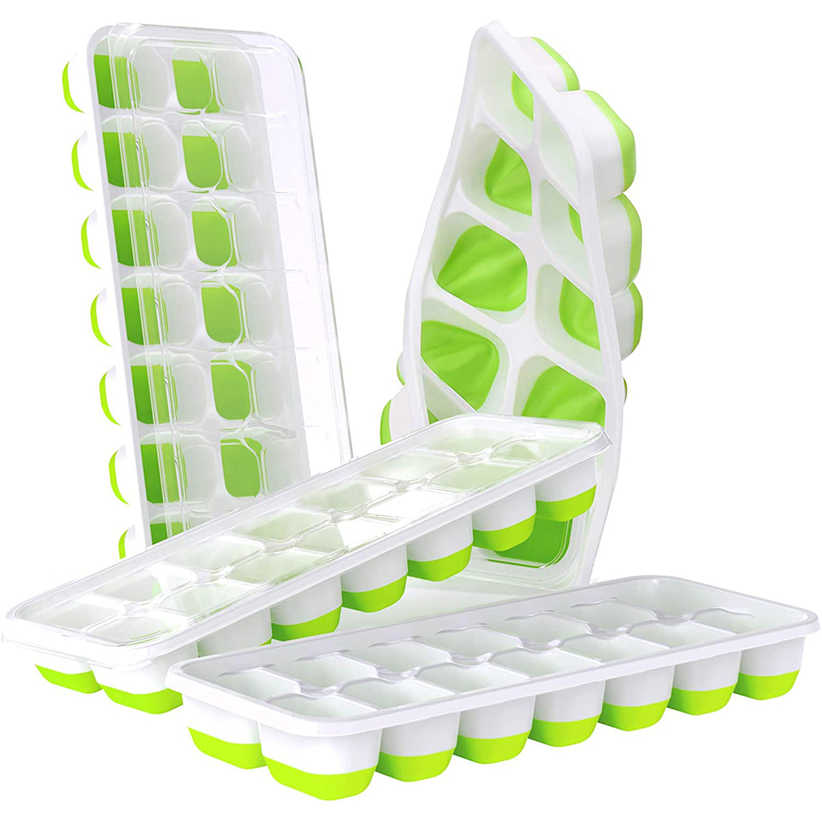 4Pcs 14-Grid Ice Cube Tray Easy-Release Bottom Silicone + Plastic Mold with Spill-Resistant Removable Lid for Cocktail Beer (LFGB Certified and BPA Free)