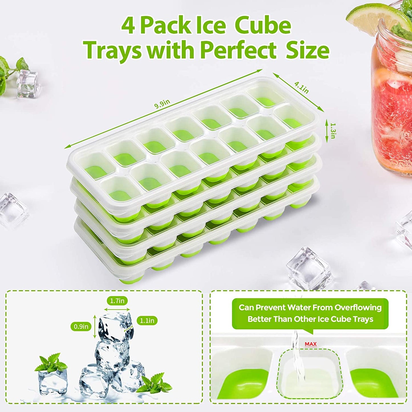 4Pcs 14-Grid Ice Cube Tray Easy-Release Bottom Silicone + Plastic Mold with Spill-Resistant Removable Lid for Cocktail Beer (LFGB Certified and BPA Free)