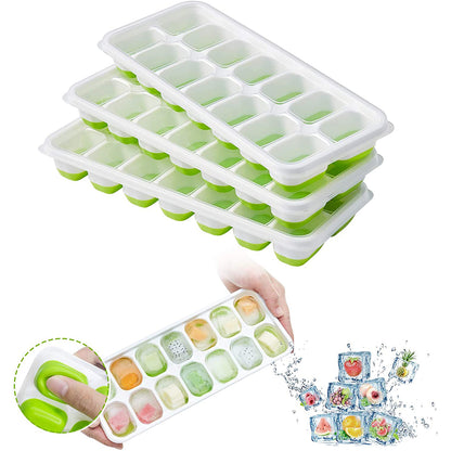 4Pcs 14-Grid Ice Cube Tray Easy-Release Bottom Silicone + Plastic Mold with Spill-Resistant Removable Lid for Cocktail Beer (LFGB Certified and BPA Free)