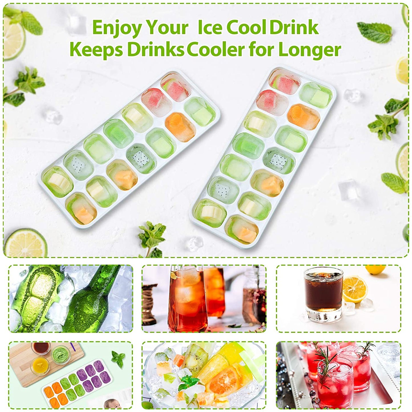 14-Grid Ice Cube Tray PC+Silicone Mold with Spill-Resistant Removable Lid (LFGB Certified and BPA Free)