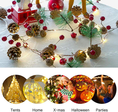 2m 20 LED Artificial Pine Cone Red Fruit Christmas Tree Light String Copper Wire Fairy Lamp