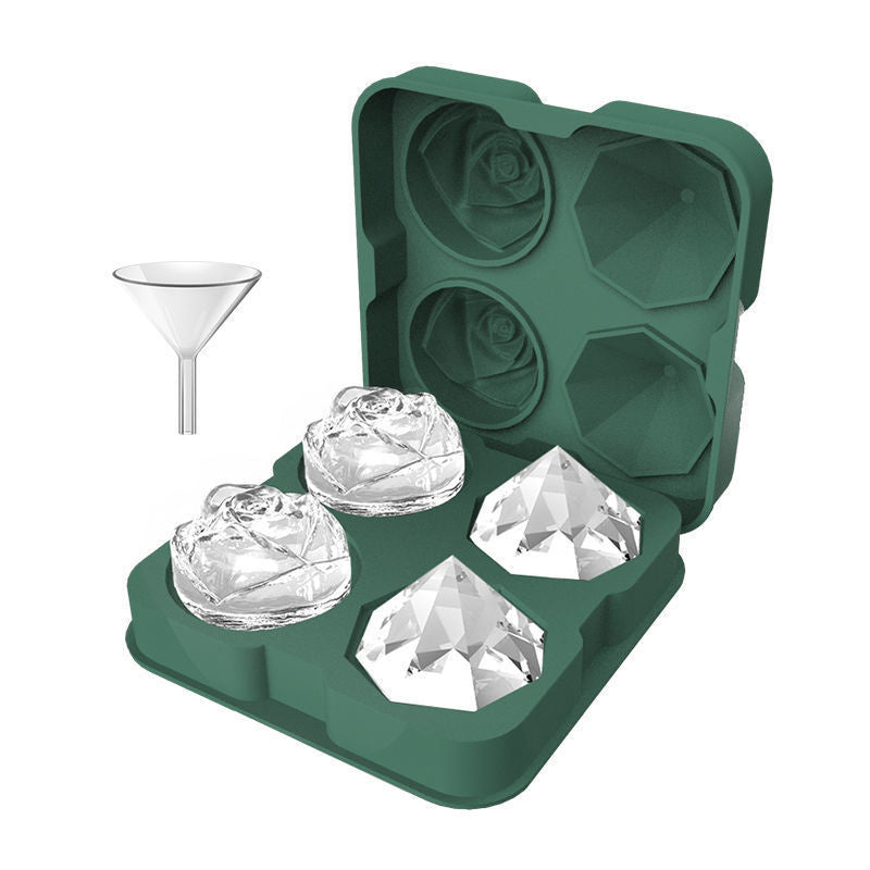 Rose and Diamond Shape Ice Cube Maker 4-grid Silicone Mold Tray for Chilling Cocktails Whiskey (No FDA Certificate)