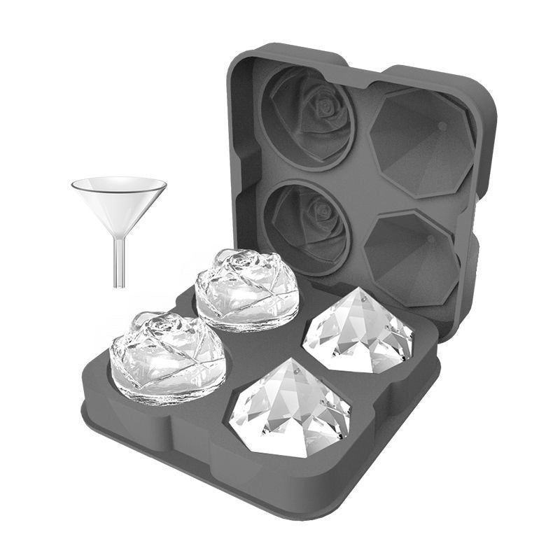 Rose and Diamond Shape Ice Cube Maker 4-grid Silicone Mold Tray for Chilling Cocktails Whiskey (No FDA Certificate)