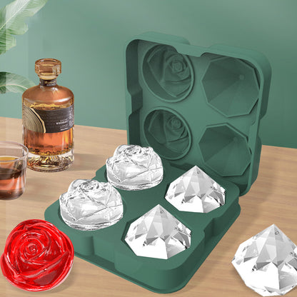 Rose and Diamond Shape Ice Cube Maker 4-grid Silicone Mold Tray for Chilling Cocktails Whiskey (No FDA Certificate)