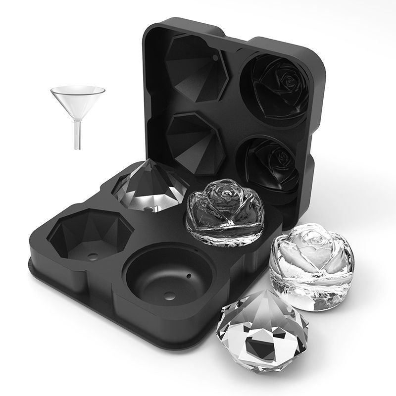 Rose and Diamond Shape Ice Cube Maker 4-grid Silicone Mold Tray for Chilling Cocktails Whiskey (No FDA Certificate)