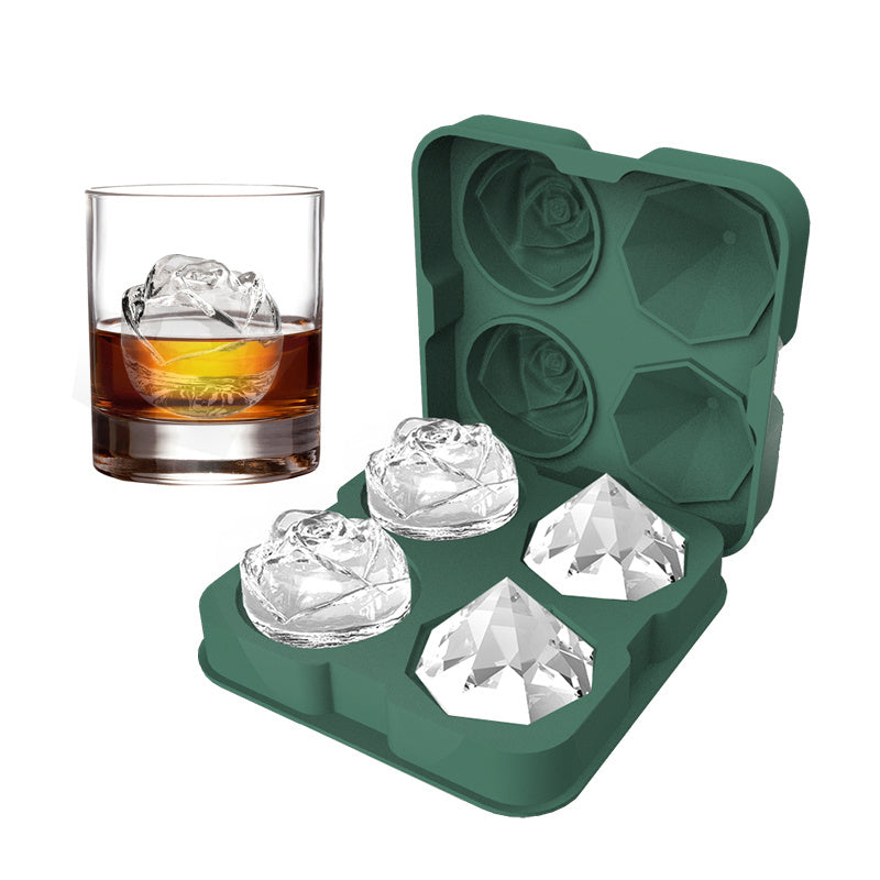 Rose and Diamond Shape Ice Cube Maker 4-grid Silicone Mold Tray for Chilling Cocktails Whiskey (No FDA Certificate)