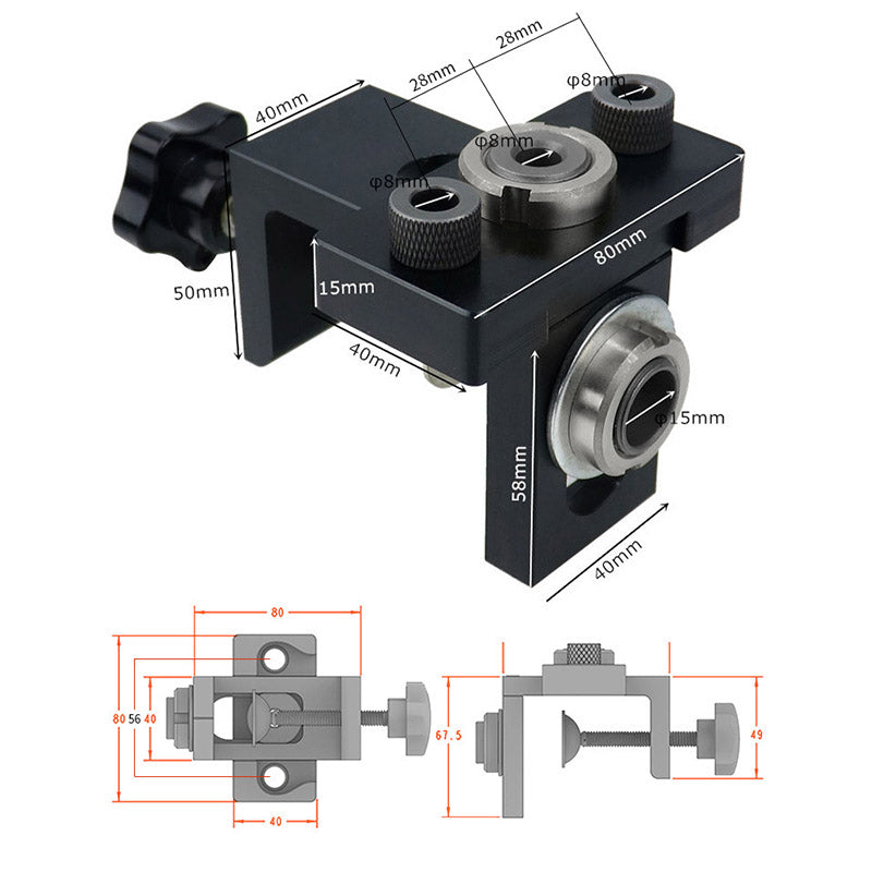3-in-1 Adjustable Doweling Jig Woodworking Hole Jig Punch Locator with 8 / 15mm Drill Bit Tools Kit