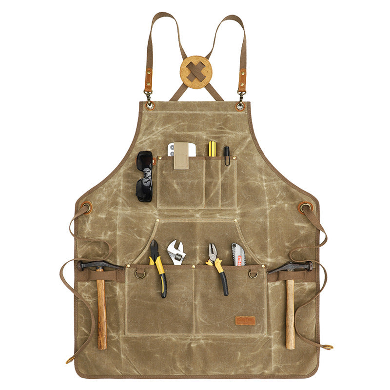 K777 Multi-pockets Apron Waxed Canvas Top Layer Cowhide Leather Waterproof Apron for Carpenter Gardening Worker