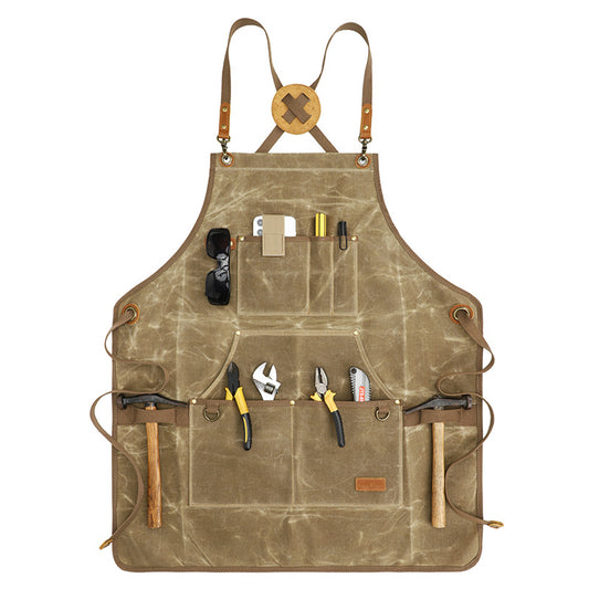 K777 Multi-pockets Apron Waxed Canvas Top Layer Cowhide Leather Waterproof Apron for Carpenter Gardening Worker