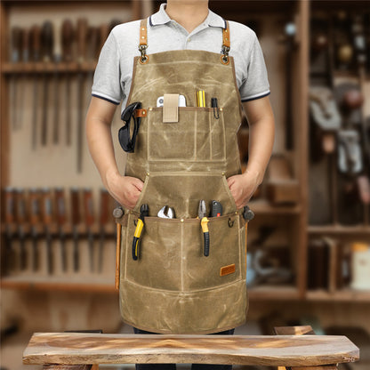 K777 Multi-pockets Apron Waxed Canvas Top Layer Cowhide Leather Waterproof Apron for Carpenter Gardening Worker