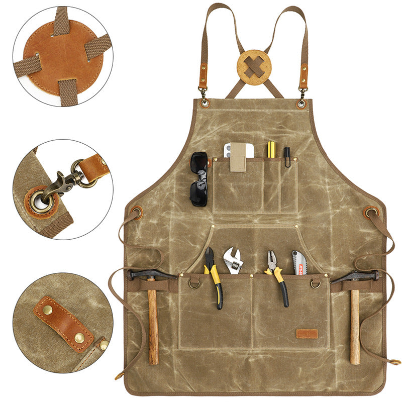 K777 Multi-pockets Apron Waxed Canvas Top Layer Cowhide Leather Waterproof Apron for Carpenter Gardening Worker