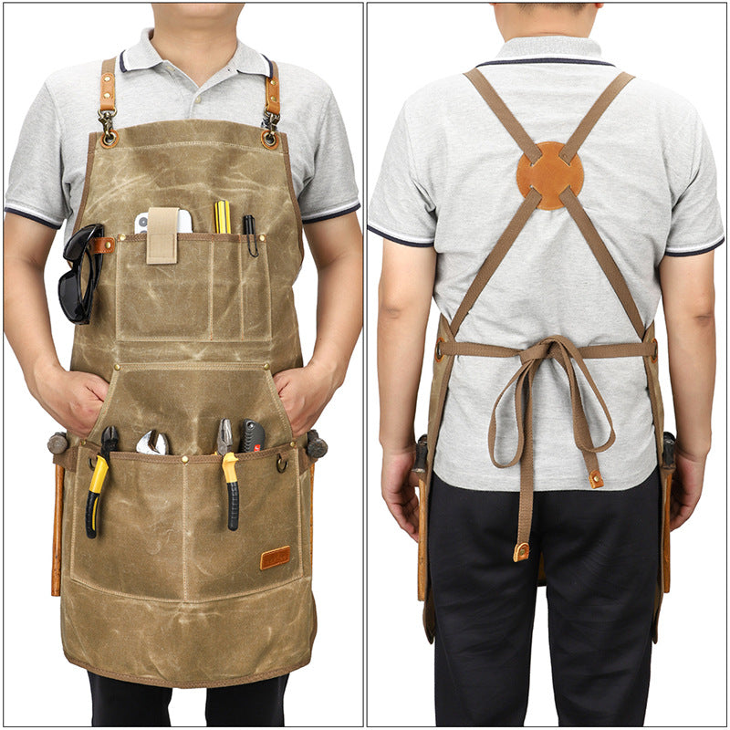 K777 Multi-pockets Apron Waxed Canvas Top Layer Cowhide Leather Waterproof Apron for Carpenter Gardening Worker