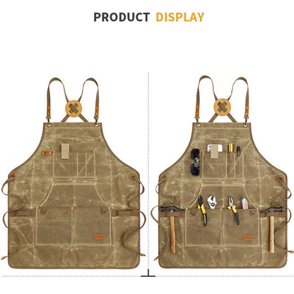 K777 Multi-pockets Apron Waxed Canvas Top Layer Cowhide Leather Waterproof Apron for Carpenter Gardening Worker