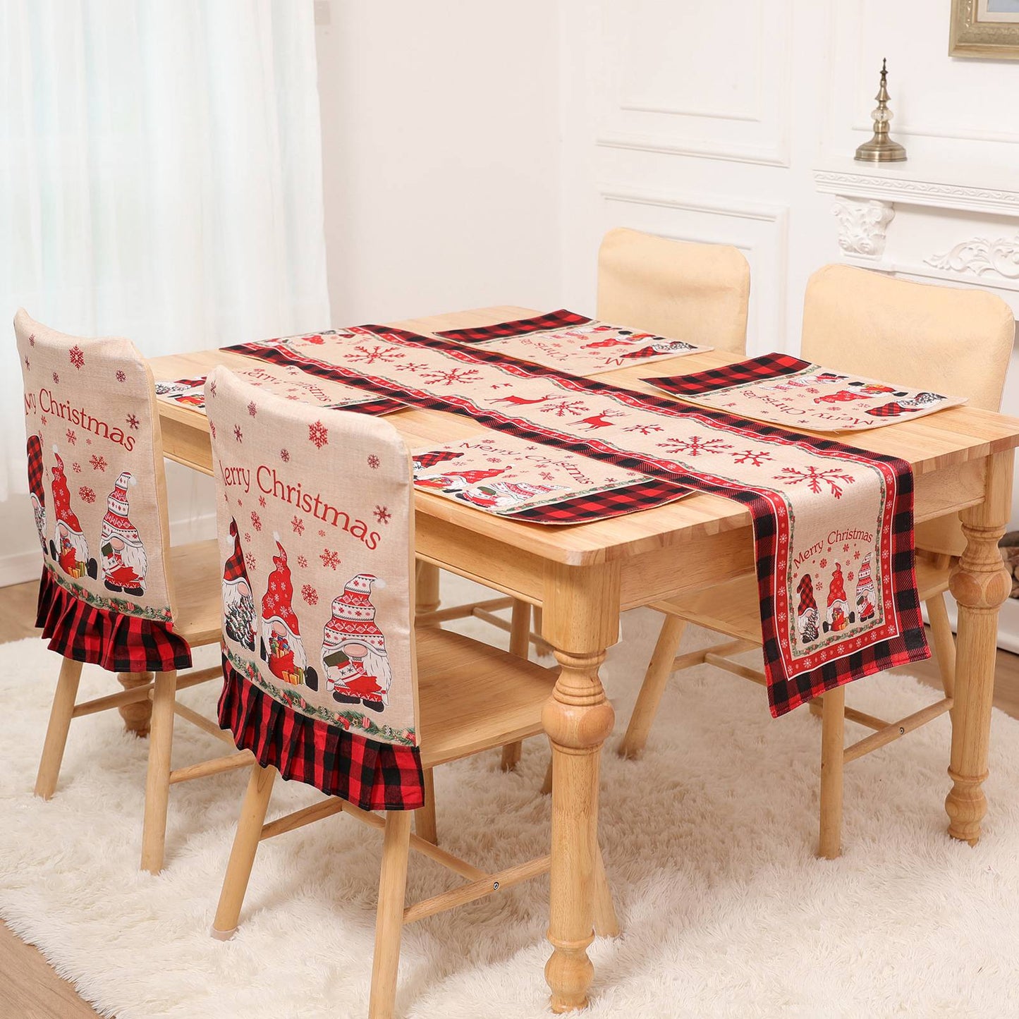 2022Sa65 4 Chair Back Covers + 4 Placemat + 1 Table Runner Christmas Ornament Set Kitchen Dining Table Decoration