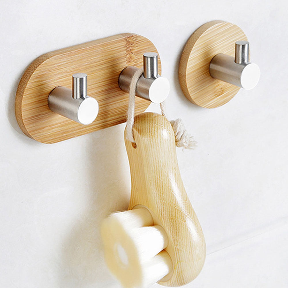 Double Row Bamboo Towel Hook 304 Stainless Steel Self Adhesive Wall Mount Bathroom Kitchen Decorative Rack Key Holder