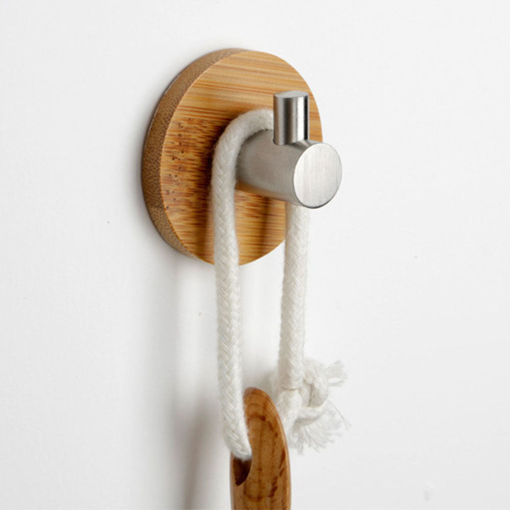 Adhesive Hook 304 Stainless Steel + Bamboo Robe Coat Rack Towel Bag Key Holder Hanger