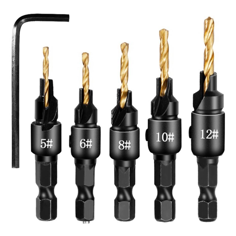 5PCS Countersink Woodworking Drill Bit Set Hexagon Screw Hardware Tool (5 Drills + 1 Wrench)