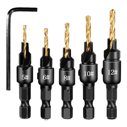 5PCS Countersink Woodworking Drill Bit Set Hexagon Screw Hardware Tool (5 Drills + 1 Wrench)