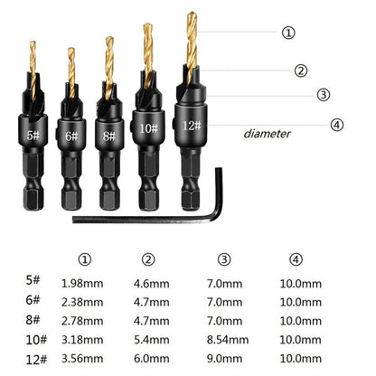 5PCS Countersink Woodworking Drill Bit Set Hexagon Screw Hardware Tool (5 Drills + 1 Wrench)