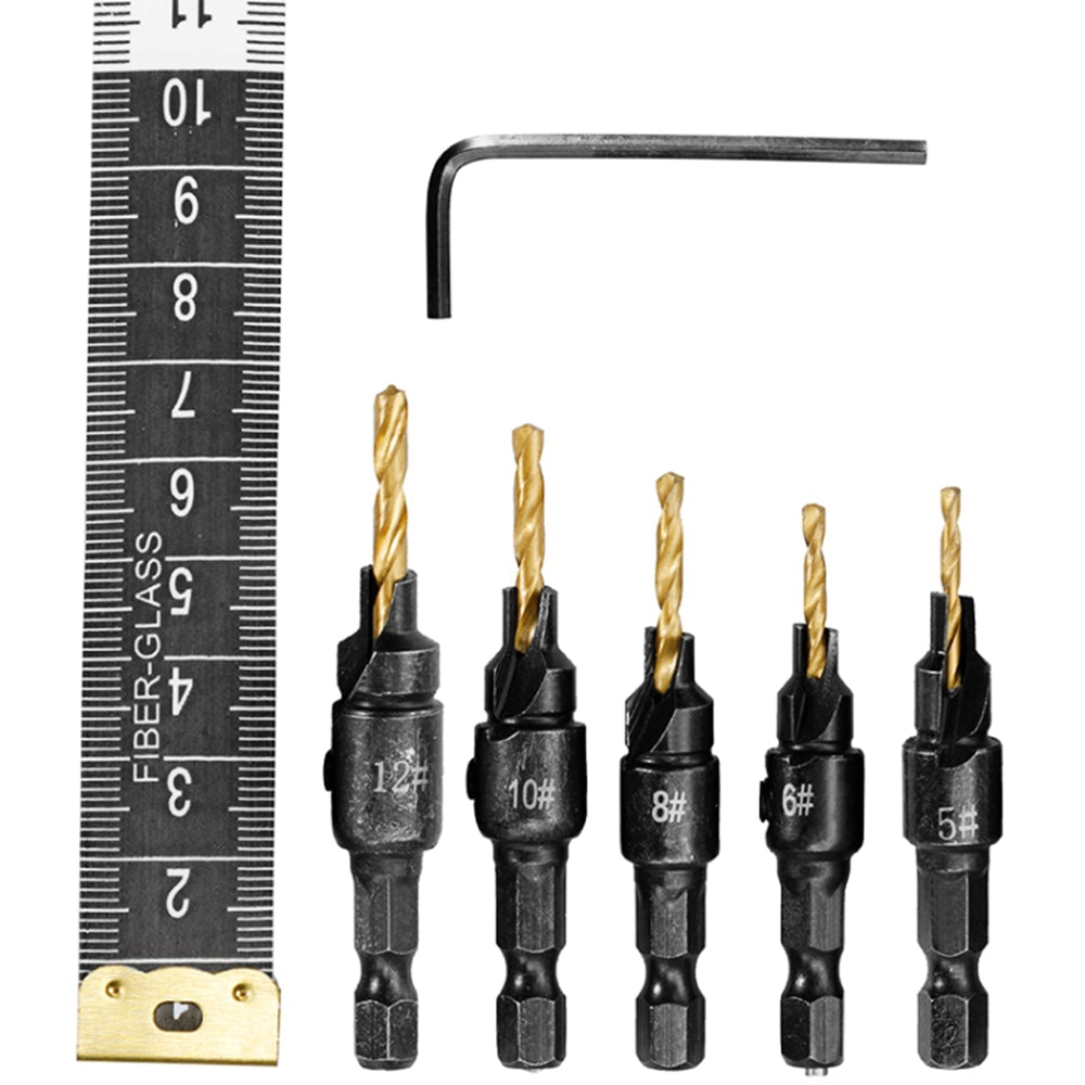 5PCS Countersink Woodworking Drill Bit Set Hexagon Screw Hardware Tool (5 Drills + 1 Wrench)