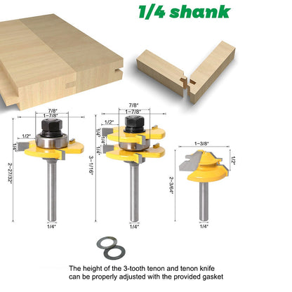 3Pcs 1 / 4" Shank Router Bit Set 3-Teeth 1 / 4"x47+45-Degree + 1 / 4"x1-3 / 8 Woodworking Wood Cutter Groove Tenon Milling Tool