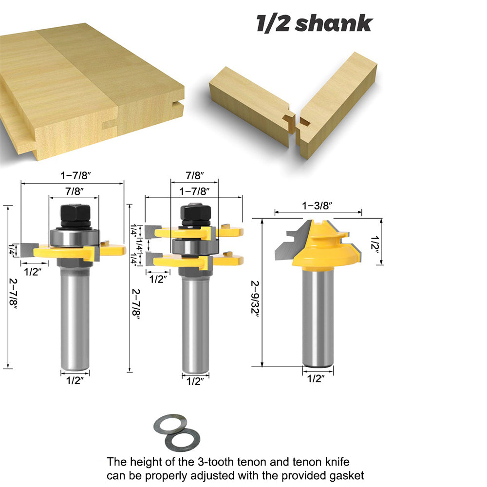 3Pcs Woodworking Router Bit Set 1 / 2" Shank 3-Teeth T1 / 2x47+45-degree + 1 / 2x1-3 / 8 Groove Milling Cutter Tool for MDF, Wood