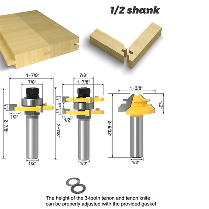 3Pcs Woodworking Router Bit Set 1 / 2" Shank 3-Teeth T1 / 2x47+45-degree + 1 / 2x1-3 / 8 Groove Milling Cutter Tool for MDF, Wood